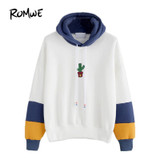ROMWE Womens Clothing Hoodies for Women Casual Loose Cotton Hoodie White Contrast Cactus Embroidery Drawstring Hooded Sweatshirt