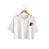 ROMWE Women Summer T shirts Cut Out Neck Rose Embroidered Patch Tee White V Neck Short Sleeve 2018 Summer Tops