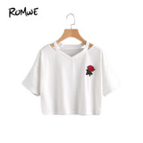 ROMWE Women Summer T shirts Cut Out Neck Rose Embroidered Patch Tee White V Neck Short Sleeve 2018 Summer Tops
