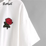 ROMWE Women Summer T shirts Cut Out Neck Rose Embroidered Patch Tee White V Neck Short Sleeve 2018 Summer Tops