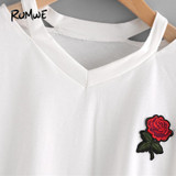 ROMWE Women Summer T shirts Cut Out Neck Rose Embroidered Patch Tee White V Neck Short Sleeve 2018 Summer Tops