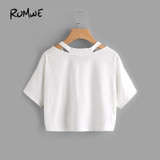 ROMWE Women Summer T shirts Cut Out Neck Rose Embroidered Patch Tee White V Neck Short Sleeve 2018 Summer Tops