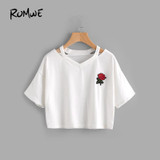 ROMWE Women Summer T shirts Cut Out Neck Rose Embroidered Patch Tee White V Neck Short Sleeve 2018 Summer Tops