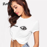 ROMWE Wink Eyes Print Tee Shirt 2018 New Fashion Summer Cap Sleeve Round Neck T-Shirt White Stretchy Preppy T Shirt