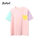 ROMWE Women Summer Casual T shirts 2017 Womens Tops Ladies Color Block Short Sleeve Round Neck T-Shirt With Pocket