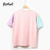 ROMWE Women Summer Casual T shirts 2017 Womens Tops Ladies Color Block Short Sleeve Round Neck T-Shirt With Pocket
