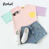 ROMWE Women Summer Casual T shirts 2017 Womens Tops Ladies Color Block Short Sleeve Round Neck T-Shirt With Pocket
