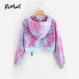 ROMWE Water Color Crop Hoodies Multicolor Casual Women Drawstring Hooded Sweatshirt 2017 Autumn Tie Dye Long Sleeve Hoodies