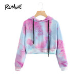 ROMWE Water Color Crop Hoodies Multicolor Casual Women Drawstring Hooded Sweatshirt 2017 Autumn Tie Dye Long Sleeve Hoodies