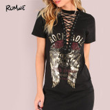 ROMWE Vintage Lace Up Sheath Dress 2018 Sexy Women Rock and Roll Print Black Summer Dresses Deep V Neck Casual Tee Dress