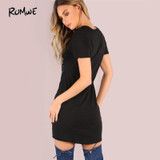 ROMWE Vintage Lace Up Sheath Dress 2018 Sexy Women Rock and Roll Print Black Summer Dresses Deep V Neck Casual Tee Dress
