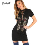 ROMWE Vintage Lace Up Sheath Dress 2018 Sexy Women Rock and Roll Print Black Summer Dresses Deep V Neck Casual Tee Dress