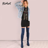 ROMWE Vintage Lace Up Sheath Dress 2018 Sexy Women Rock and Roll Print Black Summer Dresses Deep V Neck Casual Tee Dress