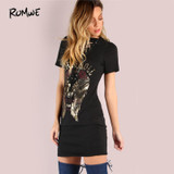 ROMWE Vintage Lace Up Sheath Dress 2018 Sexy Women Rock and Roll Print Black Summer Dresses Deep V Neck Casual Tee Dress