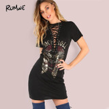 ROMWE Vintage Lace Up Sheath Dress 2018 Sexy Women Rock and Roll Print Black Summer Dresses Deep V Neck Casual Tee Dress