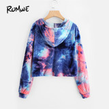 ROMWE Tie Dye Velvet Crop Hoodies 2017 Multicolor Long Sleeve Women Boho Hooded Sweatshirt Spring Fall New Funny Casual Hoodies