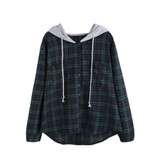 ROMWE Sweatshirt Pullover Women Hoodies Sweatshirts Autumn Ladies Plaid Button Pocket Sweatshirt With Contrast Hood