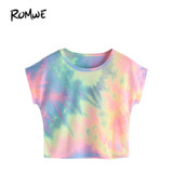 ROMWE Summer Crop Tops Women 2018 Dolman Sleeve Watercolor Tee Multicolor Tie Dye Print Short Sleeve Casual T-shirt