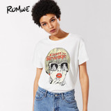 ROMWE Summer Round Neck Short Sleeve Rock Tee Shirt Casual White Figure Print Tee Womens 2018 Fashion Print Loose Top