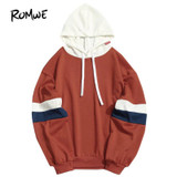 ROMWE Stripe Contrast Sleeve Hoodie New Fashion Orange Regular Fit Women Clothing Seam Drawstring Long Sleeve Sweatshirt