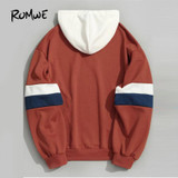ROMWE Stripe Contrast Sleeve Hoodie New Fashion Orange Regular Fit Women Clothing Seam Drawstring Long Sleeve Sweatshirt