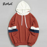 ROMWE Stripe Contrast Sleeve Hoodie New Fashion Orange Regular Fit Women Clothing Seam Drawstring Long Sleeve Sweatshirt