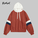 ROMWE Stripe Contrast Sleeve Hoodie New Fashion Orange Regular Fit Women Clothing Seam Drawstring Long Sleeve Sweatshirt