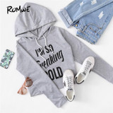 ROMWE Slogan Print Grey Hoodies Letter Print Women Graphic Brief Hoodie Pocket Sweatshirt 2018 Autumn New Long Sleeve Hoodies