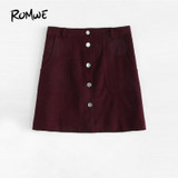 ROMWE Single Breasted Dual Pocket Skirt 2018 Spring Plain Burgundy A-Line Mini Skirt Women Mid Waist Button Casual Skirt