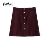 ROMWE Single Breasted Dual Pocket Skirt 2018 Spring Plain Burgundy A-Line Mini Skirt Women Mid Waist Button Casual Skirt