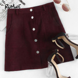 ROMWE Single Breasted Dual Pocket Skirt 2018 Spring Plain Burgundy A-Line Mini Skirt Women Mid Waist Button Casual Skirt