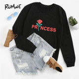 ROMWE Rose Letter Print Sweatshirt Pullovers Black Casual Women Long Sleeve Tops Fall 2018 Fashion New O Neck Regular Sweatshirt