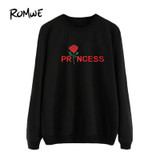 ROMWE Rose Letter Print Sweatshirt Pullovers Black Casual Women Long Sleeve Tops Fall 2018 Fashion New O Neck Regular Sweatshirt