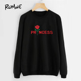 ROMWE Rose Letter Print Sweatshirt Pullovers Black Casual Women Long Sleeve Tops Fall 2018 Fashion New O Neck Regular Sweatshirt