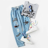 ROMWE Ripped Cuffed Jeans Women Blue Offset Printing Drawstring Mid Waist Denim Pants Fashion Casual Pockets Cropped Jeans