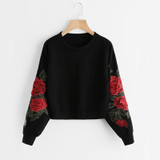 ROMWE Rose Embroidery Sweatshirt Women Vintage Black Long Sleeve Autumn Pullover 2018 New Applique Casual O Neck Sweatshirt