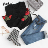 ROMWE Rose Embroidery Sweatshirt Women Vintage Black Long Sleeve Autumn Pullover 2018 New Applique Casual O Neck Sweatshirt