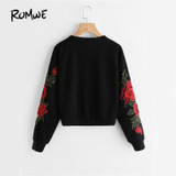 ROMWE Rose Embroidery Sweatshirt Women Vintage Black Long Sleeve Autumn Pullover 2018 New Applique Casual O Neck Sweatshirt
