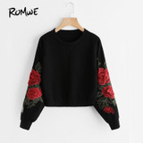 ROMWE Rose Embroidery Sweatshirt Women Vintage Black Long Sleeve Autumn Pullover 2018 New Applique Casual O Neck Sweatshirt