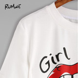 ROMWE Red Lip Print Funny Crop T-Shirt White Tee Women Letter Casual Summer Tops 2018 New Brief Short Sleeve Stretchable T-Shirt