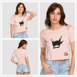 ROMWE Pink Gesture Print Ripped Crop T-shirt 2018 Spring Round Neck Short Sleeve Rock Tee Women Cut Out Casual Top