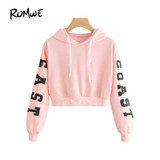 ROMWE Pink Cropped Hoodies Drawstring Kawaii Women Letters Print Long Sleeve Hooded Sweatshirt 2017 Autumn Graphic Sweet Hoodies