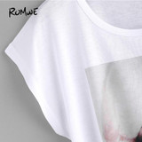 ROMWE Pattern Print White T-Shirt Casual Tee Women Short Sleeve Brief Summer Tops 2018 Fashion New Female Funny O Neck T-Shirt