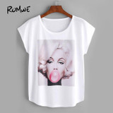 ROMWE Pattern Print White T-Shirt Casual Tee Women Short Sleeve Brief Summer Tops 2018 Fashion New Female Funny O Neck T-Shirt