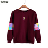 ROMWE Paper Airplane Print Sweatshirt Women Patchwork Trim Burgundy Pullover 2017 Autumn O Neck Graphic Long Sleeve Sweatshirt