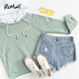 ROMWE Pale Green Patchwork Hoodie Women Raglan Long Sleeve Cute Contrast Hooded Sweatshirt 2018 Fall Pocket Drawstring Hoodies