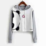 ROMWE Panda Print Front Contrast Sleeve Hoodie 2018 Grey Graphic Long Sleeve Women Pullover Top New Cute Sweatshirt