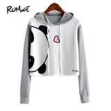 ROMWE Panda Print Front Contrast Sleeve Hoodie 2018 Grey Graphic Long Sleeve Women Pullover Top New Cute Sweatshirt