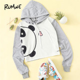 ROMWE Panda Print Front Contrast Sleeve Hoodie 2018 Grey Graphic Long Sleeve Women Pullover Top New Cute Sweatshirt