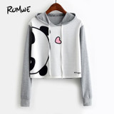 ROMWE Panda Print Front Contrast Sleeve Hoodie 2018 Grey Graphic Long Sleeve Women Pullover Top New Cute Sweatshirt